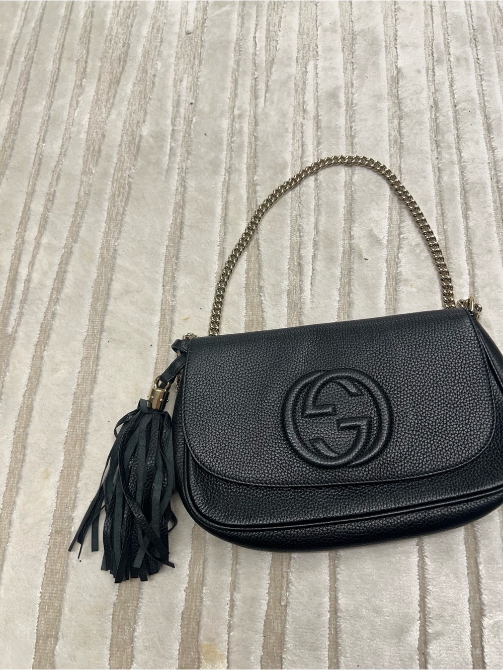 Gucci Black Pebbled Leather Crossbody with Tassel and Chain